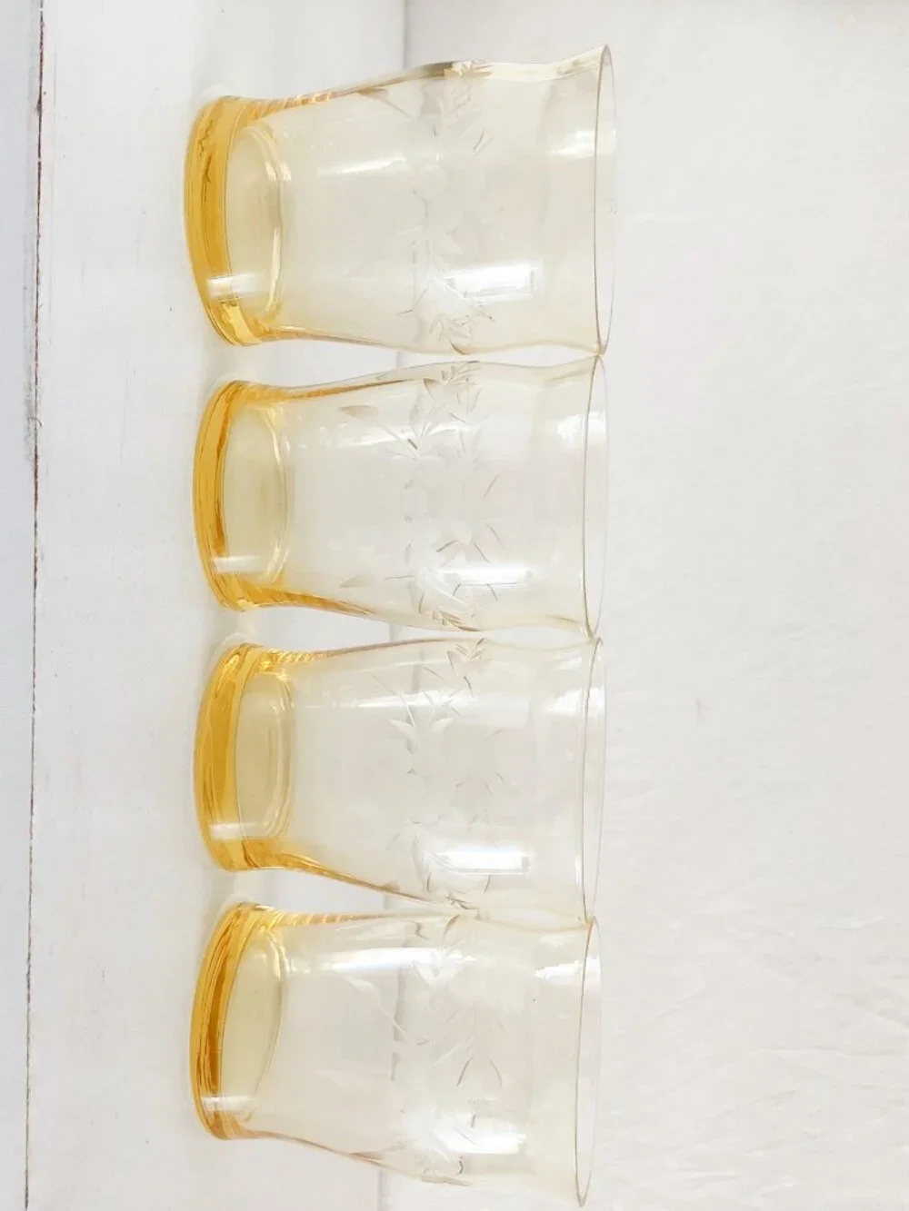 Antique Macbeth Evens Yellow Grapevine Etched Juice Glasses Set of 4